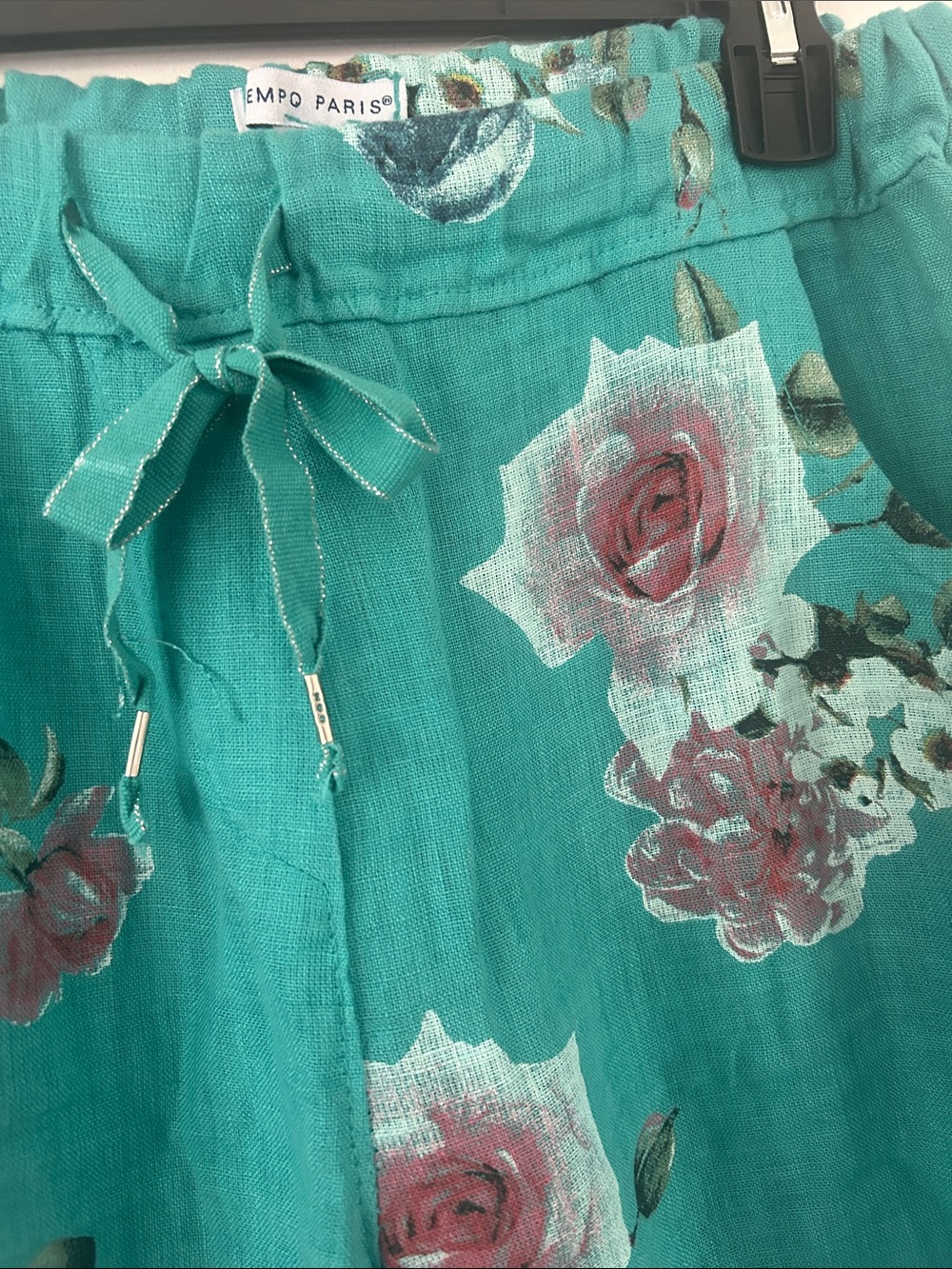 Tempo Paris Teal Floral Linen Drawstring Pants